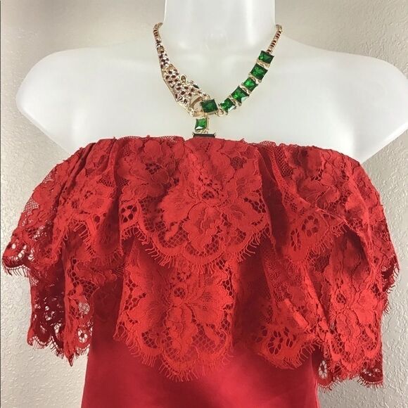 Lovers + Friends NWT Sylvia Red Satin & Lace Strapless Gown - Picture 7 of 11